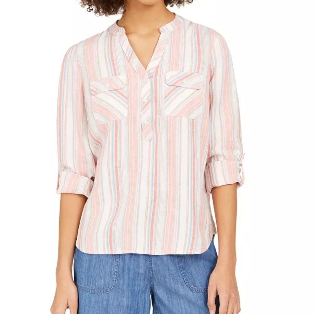 Tommy Hilfiger Linen Blend Striped Henley Top - NEW